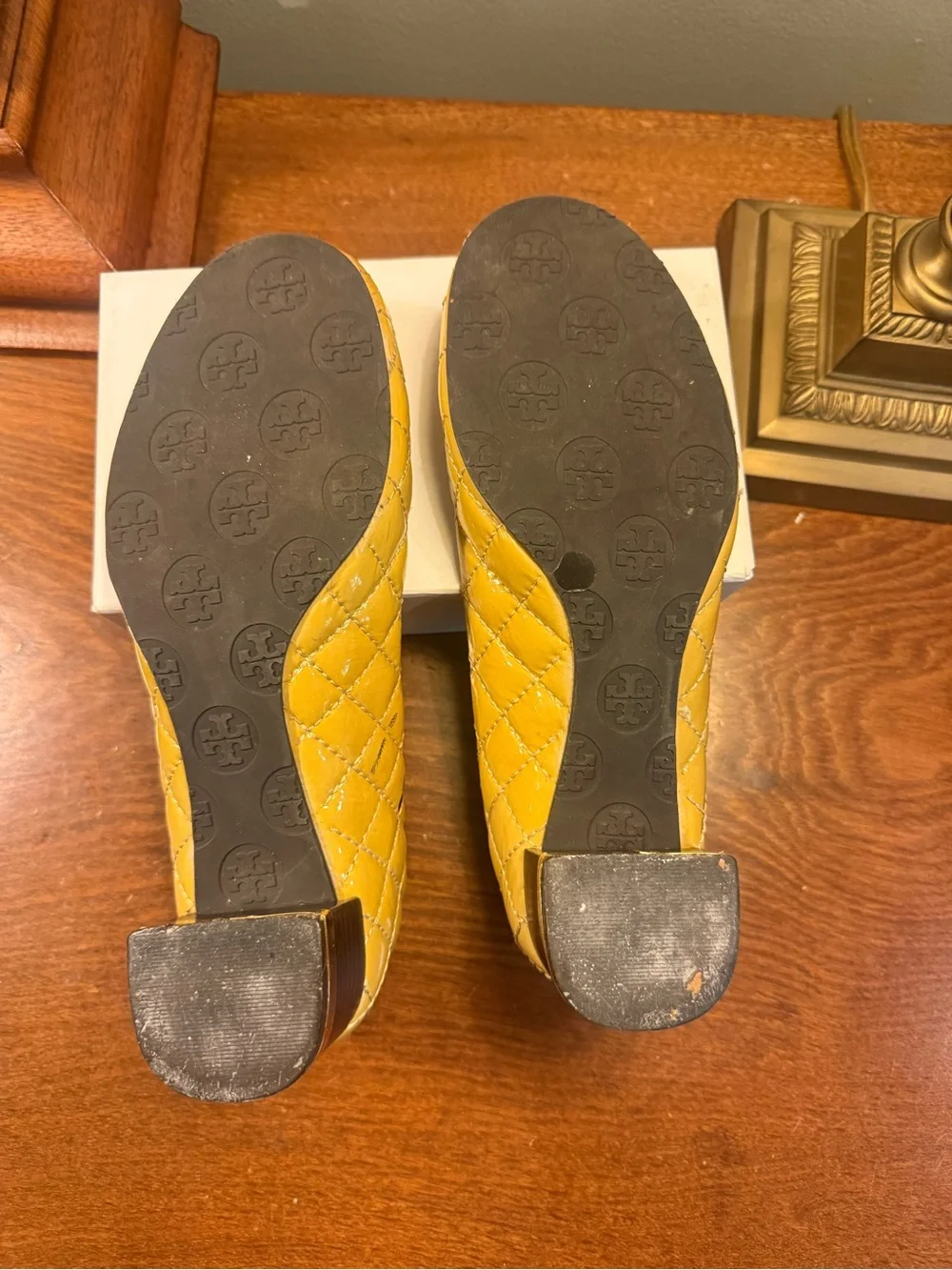 Tory Burch Quilted Patent Leather Block Heel Pumps in Mustard Yellow Size 6.5